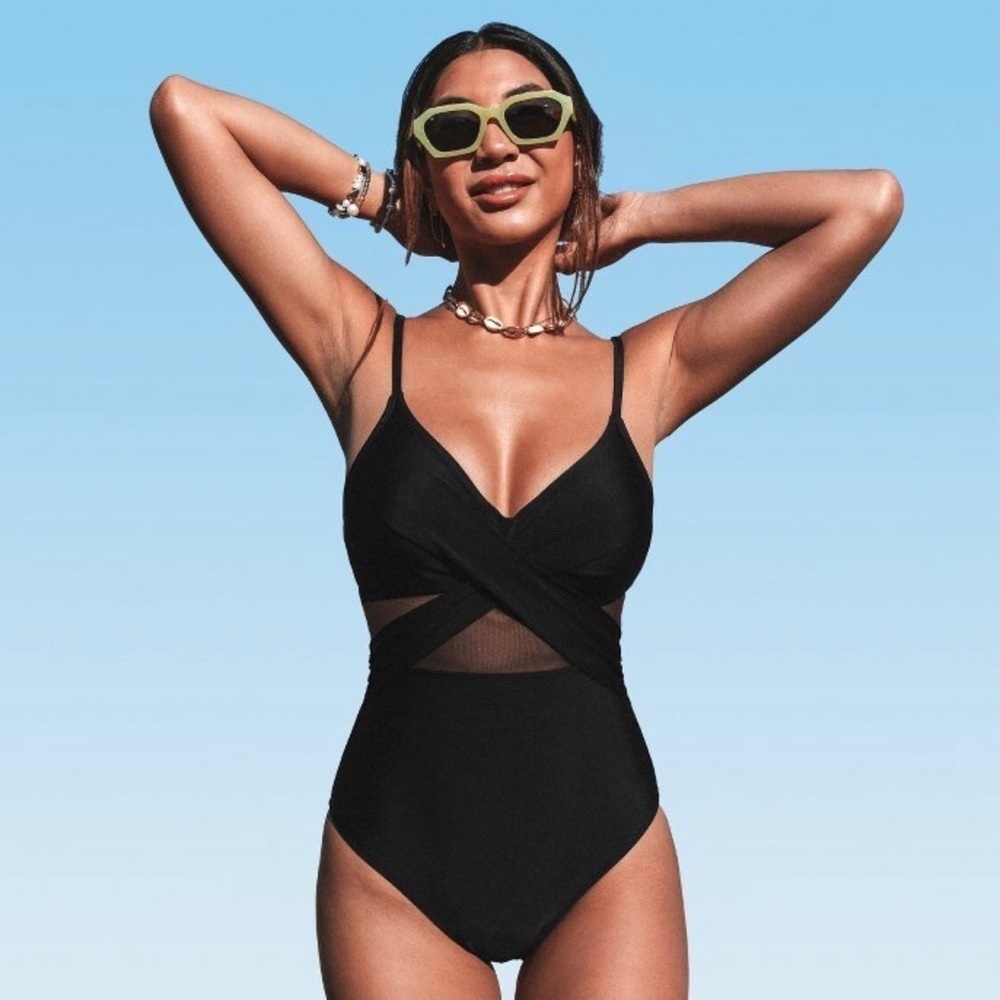 Women's V Neck One Piece Swimsuit
Crisscross Mesh Mid Cut Bathing Suit